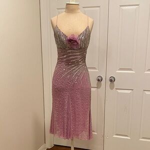 Elie Saab Dusty Rose/Lilac and Silver Beaded Midi Dress